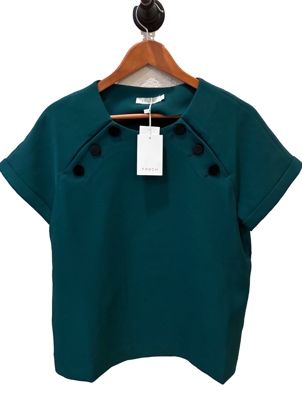 NWT FRNCH Paris Ponte round neck top -button shoulder detail Forest Green Sz L